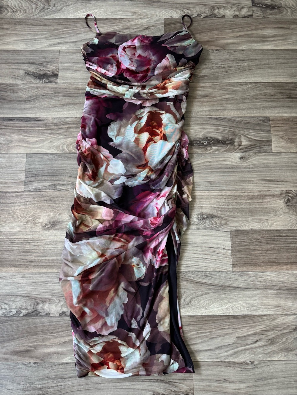 Express Floral Mesh Ruched Bodycon Maxi Dress Size Large